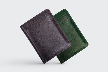 Genuine leather fashionable black wallet for men's isolated on a white background. A professional and stylish look. top view of black leather wallet. banknotes and put card inside the wallet	