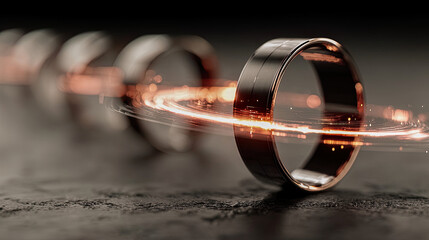 Metallic rings aligned with glowing flares spinning in high-definition dark environment, Generated with AI
