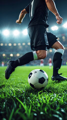 Fototapeta premium An athlete in black uniform kicks a soccer ball on a green field under the stadium spotlight. The action captures the athleticism and intensity of the game