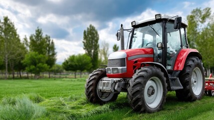 Obraz premium A red tractor expertly mows grass in a vibrant field, surrounded by trees and distant hills, all under an expansive blue sky