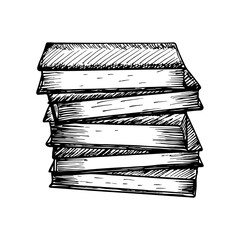 Books stack, study, library concept - sketch illustration. Pile of books outline drawing in engraving style. Hand-drawn vector line art clipart, isolated