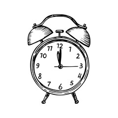 Classic alarm clock sketch drawing. Morning routine, time management, deadline. An outline illustration in engraving style, hand drawn line art clipart, isolated