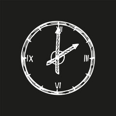 Wall clock, analog watch. Time management concept. Sketch outline illustration, a drawing in engraving style. Hand-drawn vector line art clipart, isolated