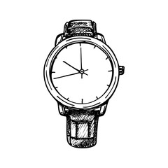 Сlassic wristwatch with a strap. Time management concept. Sketch outline illustration, a drawing in engraving style. Hand-drawn vector line art clipart, isolated
