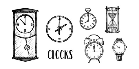 Different types of watches - sketch illustrations set. Pocket watch, wristwatch, alarm clock, wall clock, hourglass - drawings in engraving style. Hand-drawn vector line art clipart, isolated