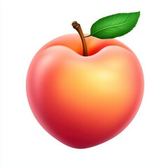 Ripe Red Peach with Green Leaf on White Background