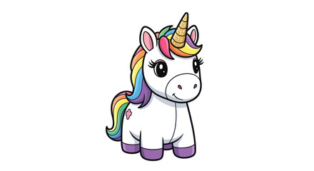 Fototapeta premium Adorable Cartoon Unicorn with Rainbow Mane and Golden Horn.