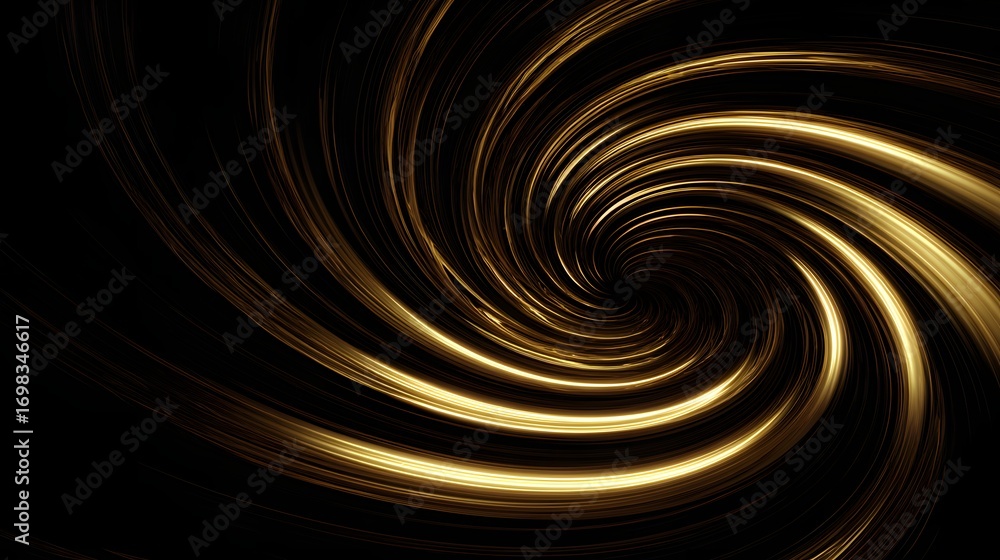 Poster a swirling pattern of golden light on a black background, creating a sense of motion and depth