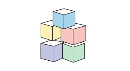 Fototapeta premium Simple line art illustration of five pastel colored cubes stacked in a pyramid shape.