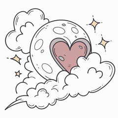 Whimsical hand drawn illustration of a crescent moon with a heart shape cutout surrounded by fluffy clouds and twinkling stars evoking a dreamy and romantic atmosphere