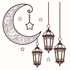 Decorative crescent moon with ornate patterns hanging stars and traditional islamic lanterns symbolizing ramadan and eid celebrations with a warm festive glow on a white background