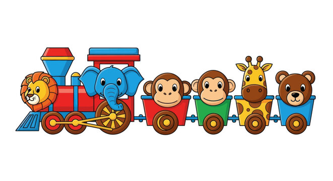 Colorful cartoon toy train carrying cute zoo animals: a lion elephant monkeys giraffe and a bear.