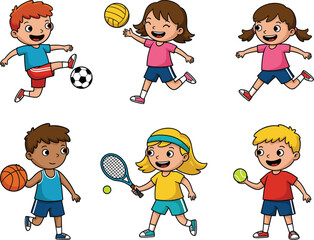 PrintCheerful cartoon children playing various sports activities including soccer, volleyball, basketball, tennis, and running promoting healthy lifestyle and teamwork