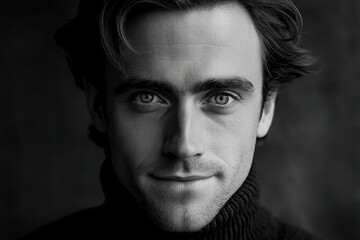 An attractive young man in a black and white portrait, with dark hair and a simple background, showcasing his clear facial features, highlighting his charming eyes and subtle smile.