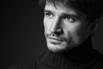 An attractive young man in a black and white portrait, with dark hair and a simple background, showcasing his clear facial features, highlighting his charming eyes and subtle smile.