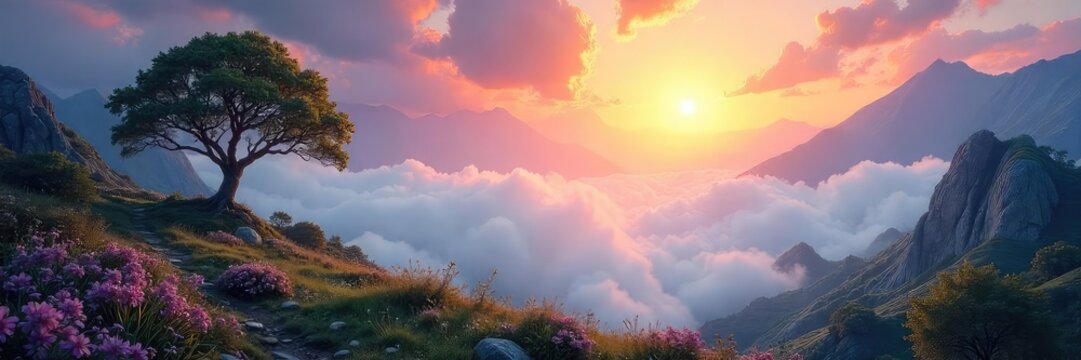 A serene landscape bathed in ethereal light, conveying a sense of peace and inner exploration; perfect for representing spiritual growth and imaginative journeys , enlightenment, exploration, sun