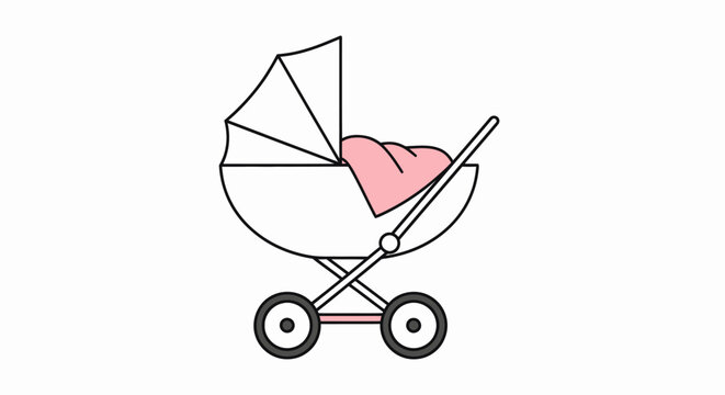 Simple Line Art Illustration of a Baby Stroller with Pink Blanket.