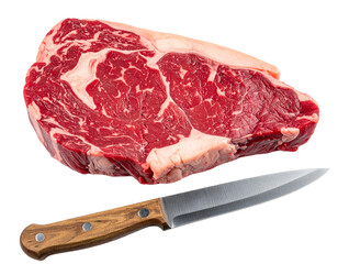 Raw steak with marbling texture and sharp kitchen knife with wooden handle isolated on white background