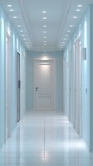 A pristine, light-blue hallway, bathed in bright, even light, features polished white tiles and doors.