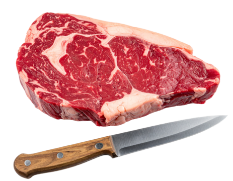 Raw steak with marbling texture and sharp kitchen knife with wooden handle isolated on white background