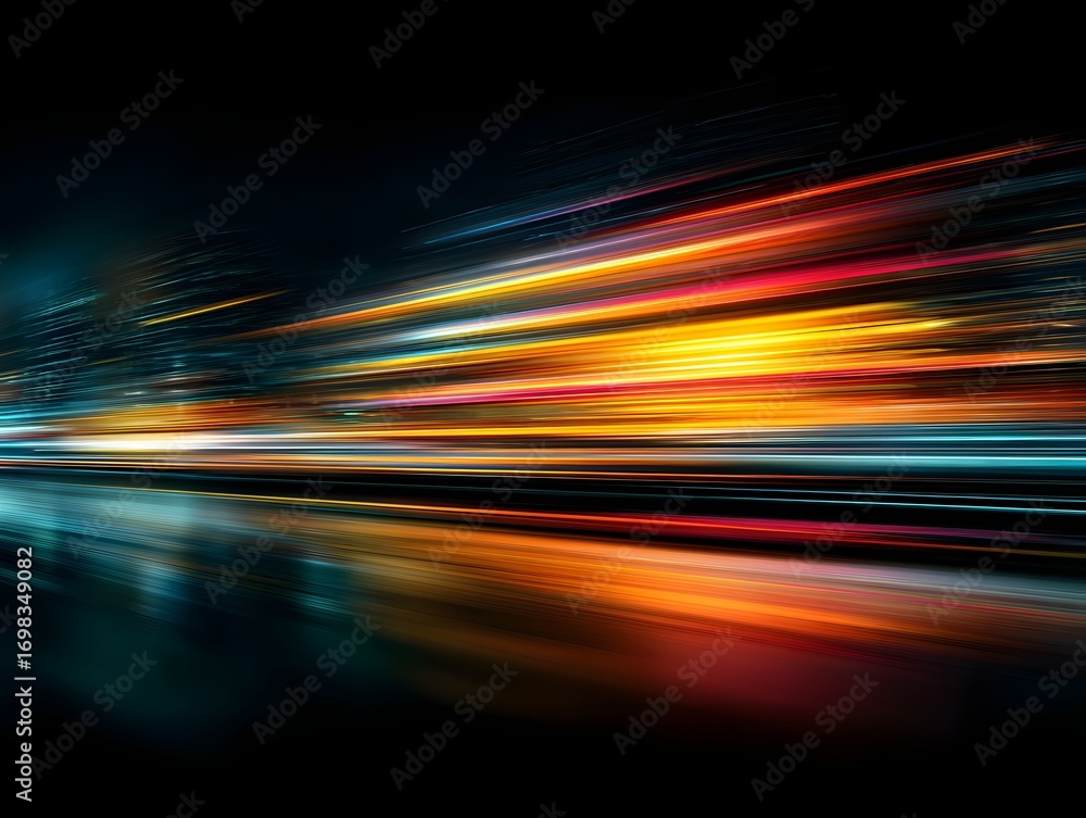 Poster a vibrant abstract image featuring streaks of colorful light against a dark background, creating a s