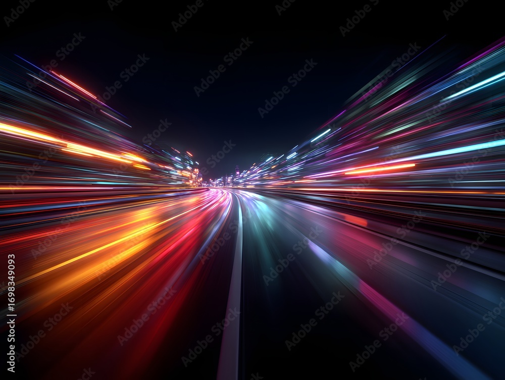 Poster A vibrant abstract image featuring streaks of colorful light against a dark background, creating a sense of motion and speed
