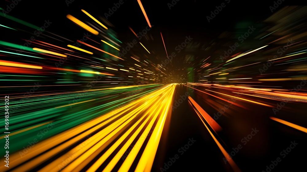 Poster A vibrant abstract image featuring streaks of colorful light against a dark background, creating a sense of motion and speed