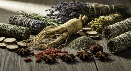 Natural Herbal and Traditional Medicine Ingredients on Rustic Wood: Ginseng, Lavender, Sage, Goji Berries, and Star Anise for Holistic Wellness and Natural Remedies