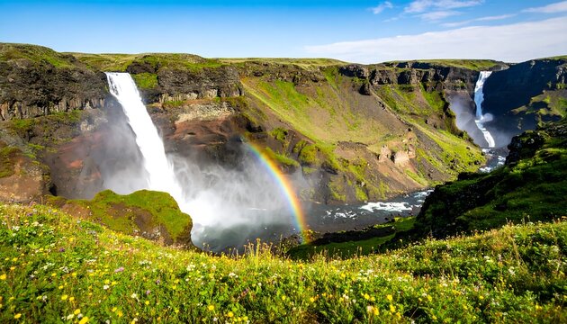 Scenic waterfall landscape with rainbow