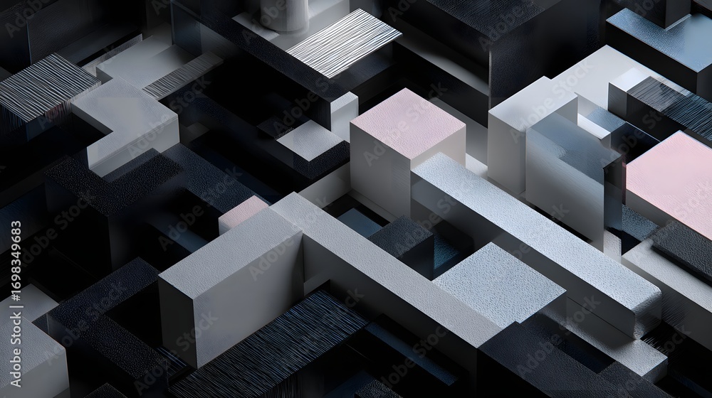 Poster a close-up view of a complex arrangement of glossy black cubes, creating a modern abstract backgroun