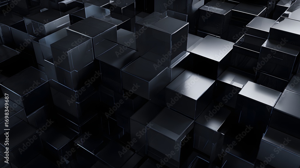 Aufkleber a close-up view of a complex arrangement of glossy black cubes, creating a modern abstract backgroun