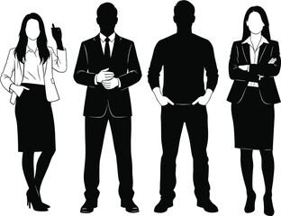 People, silhouettes, business, casual, clothing, standing, group, posture, office, attire, fashion, style, black, outline, vector, illustration, isolated