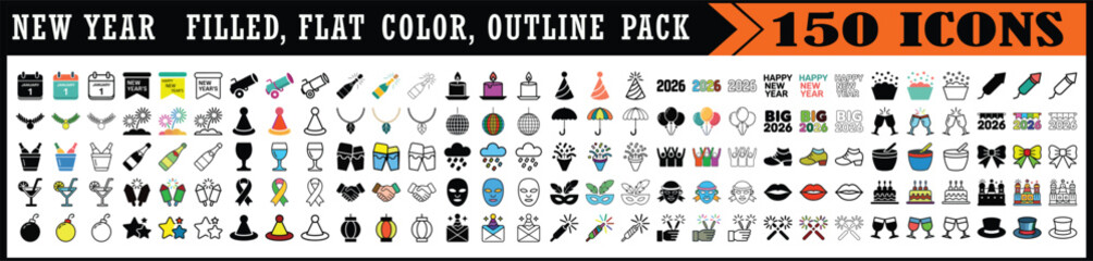 New Year celebration icons set collection, Large collection of 150 New Year icons in filled, flat color, and outline style.
