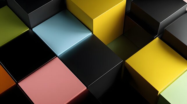 Fototapeta A vibrant arrangement of 3d cubes in various colors including black, red, yellow, blue, and orange, creating a modern abstract background