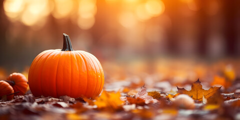 Naklejka premium Autumn season background with pumpkin and golden leaves on the ground, blurred forest background 
