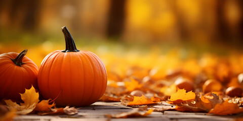 Autumn season background with pumpkins and golden leaves on the ground, blurred forest background 