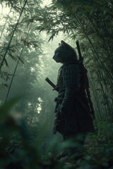 Naklejka premium Samurai Cat in Bamboo Forest with Armor and Katana