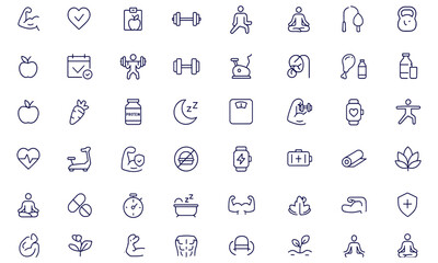 Fitness, healthy lifestyle, wellness, sport, exercise, gym, workout, diet, nutrition, body care, sleep, yoga, meditation, recovery, editable stroke web icons for apps, training, strength, cardio