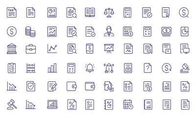 Accounting, audit, finance icon set, line style vector illustration for web and mobile apps, includes tax return, invoice, financial report, bookkeeping, compliance, ledger, calculation