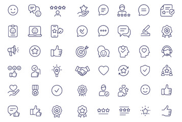 Customer satisfaction web icons set, client feedback, rating, review, testimonial, service, survey, quality, business, loyalty, approval, chat, comment, support, vector illustration