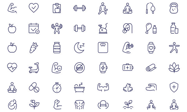 Fitness, healthy lifestyle, wellness, sport, exercise, gym, workout, diet, nutrition, body care, sleep, yoga, meditation, recovery, editable stroke web icons for apps, training, strength, cardio