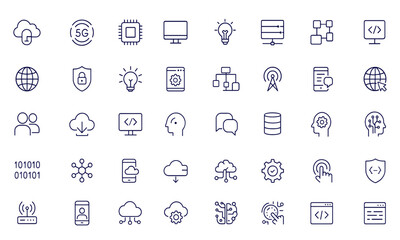 Technology Icon Set, Web and Mobile App Line Style, AI, 5G, Computer, Chip, Data Center, IT Network, Software, Communication, Cloud, Internet, Security, Innovation, Digital System