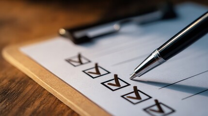 Focused medium shot of a pen marking checklist items on monitoring visit documentation with a clinical site office environment subtly blurred behind.