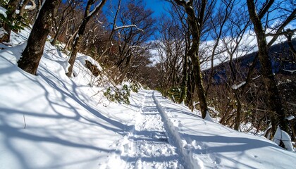 Snowy mountain trail through trees
