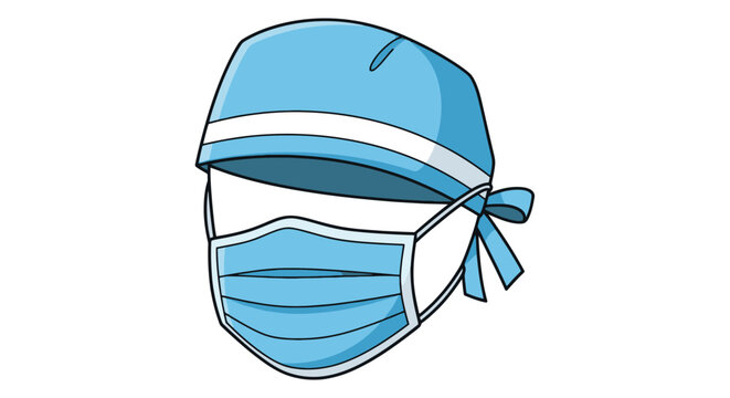 Cartoon illustration of a blue surgical scrub cap and medical face mask.