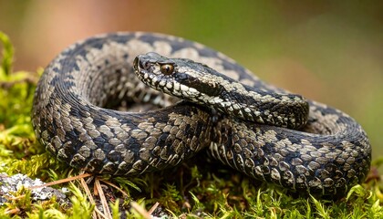 Close-up of a coiled snake on mossy ground