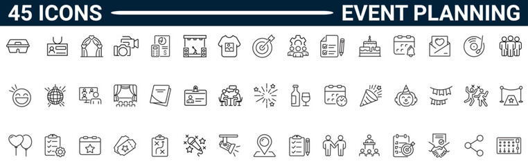 Event planning line icon set. Includes  event organization, celebration, party, wedding, and management. Editable stroke. Vector illustration