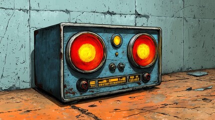 Retro Blue Pixel Art Radio with Glowing Orange Speakers on Worn Surface