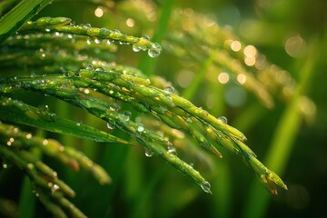 Macro shot of rice stalks covered with morning dew drops, sparkling in sunlight, with blurred green background, capturing nature&rsquo;s fresh beauty.