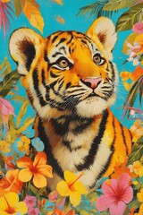 Naklejka premium Baby Tiger. Beautiful tiger cub Portrait. Painting art style. Generative Ai